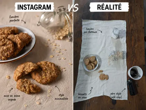 Instagram vs réalité - vue d'une photo de plat retouchée et vue du plat sans lumière ni retouche