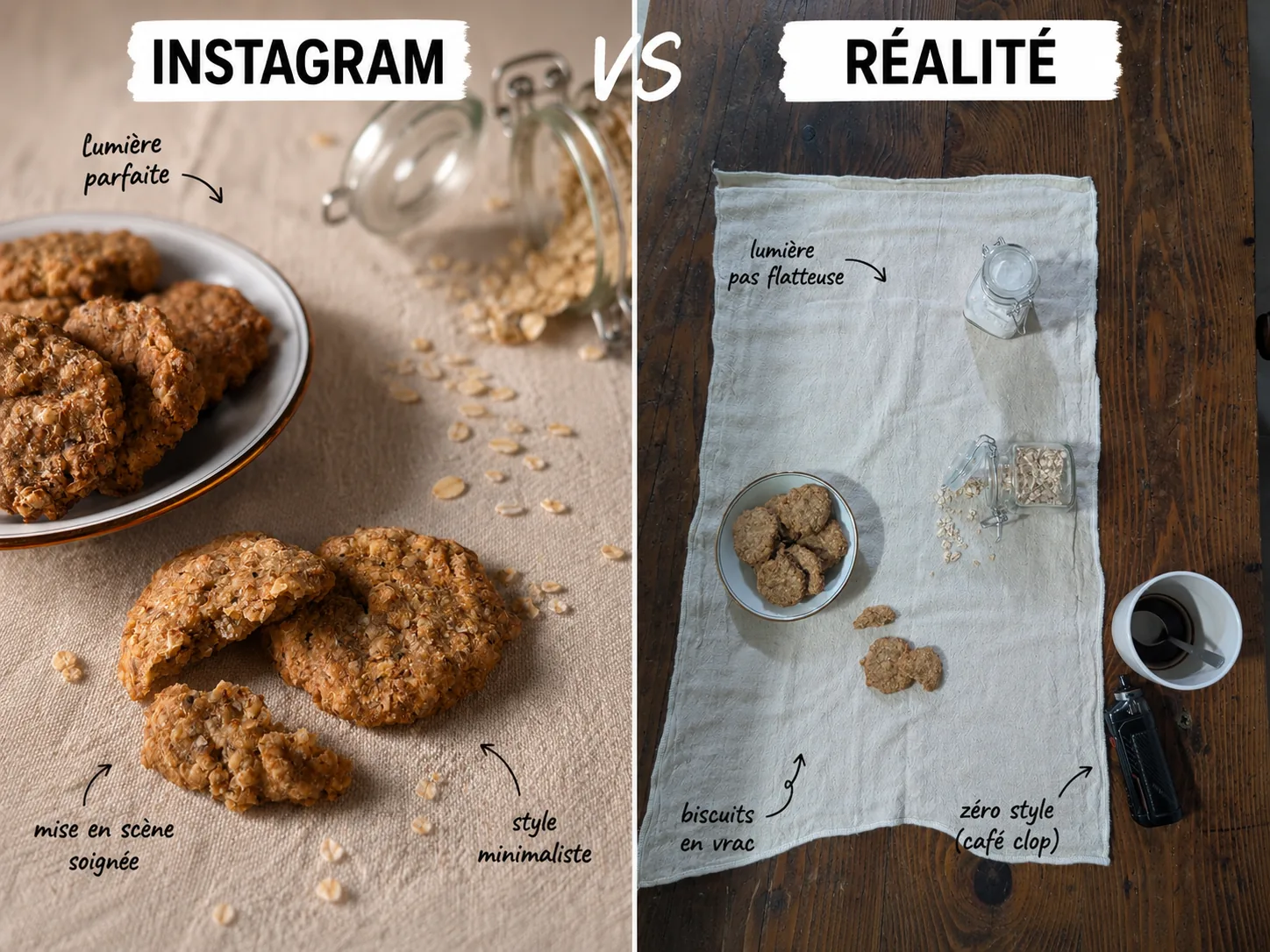 Instagram vs réalité - vue d'une photo de plat retouchée et vue du plat sans lumière ni retouche