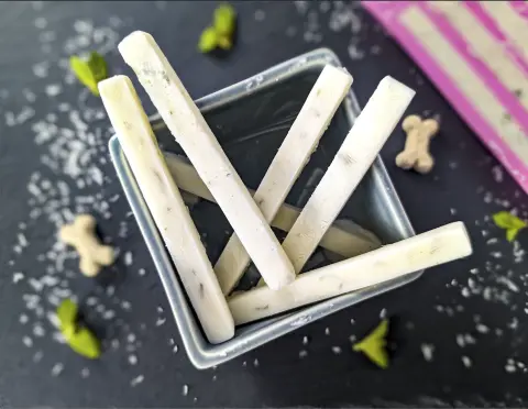 Présentation des friandises batonnets glacés coco menthe pour rafraîchir le chien