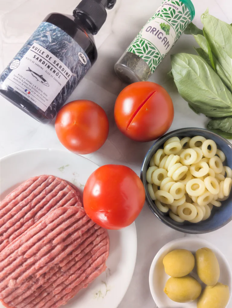 Vue des ingrédients de la recette boeuf bolognaise