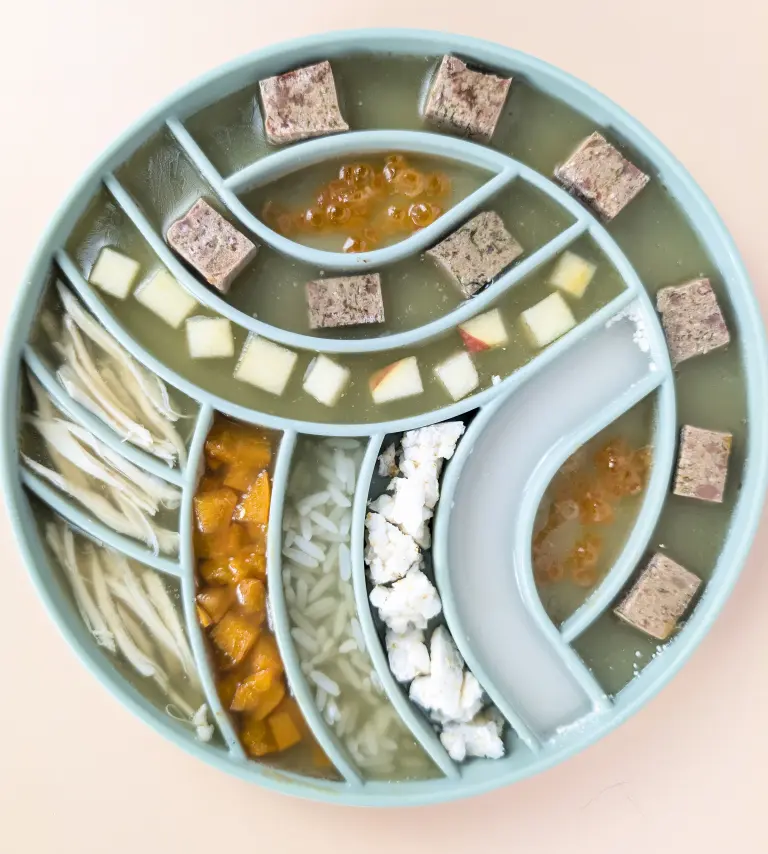 Le bouillon au collagène gélifié sur un tapis de lèche avec inclusions de poulet, paté pour chien, fruits