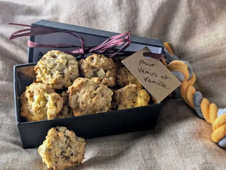 Biscuits pour chien à la sardine présentés dans une boite cadeau noire avec un message pour vénus et vanille et une corde jouet pour chien.