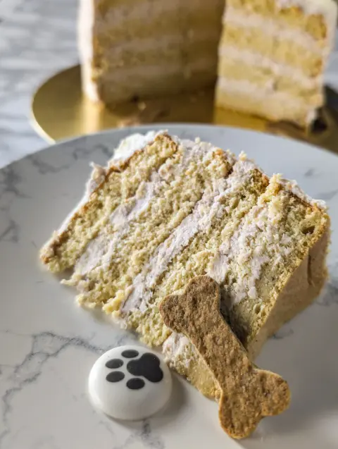Présentation du gâteau d'anniversaire pour chien au thon et pêche, vue d'une tranche de gâteau dans une assiette blanche"