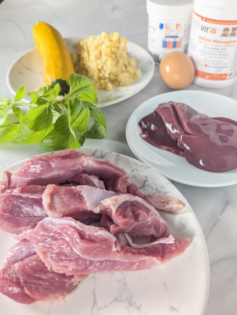 Vue de tous les éléments de la recette de pâté maison à la dinde pour chien