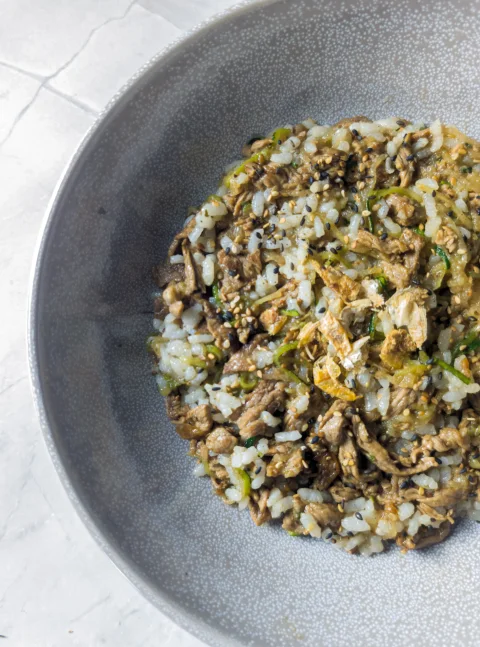 Ration ménagère pour chien : boeuf mariné, riz, courgette, nashi
