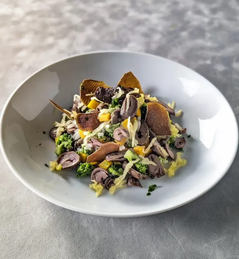 Ration ménagère pour chien au coeurs et foies de volaille, légumes et riz présentés dans une assiette blanche et vue de dessus