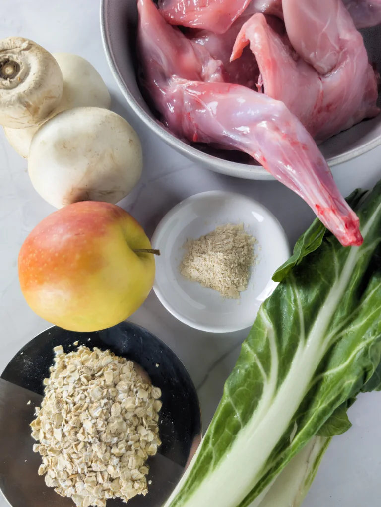 Vue de tous les éléments de la recette de ration ménagère pour chien au lapin