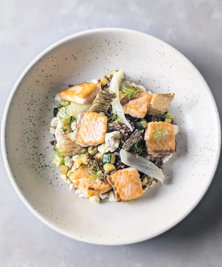 Assiette de ration ménagère pour chien au saumon, riz et légumes, vue de dessus