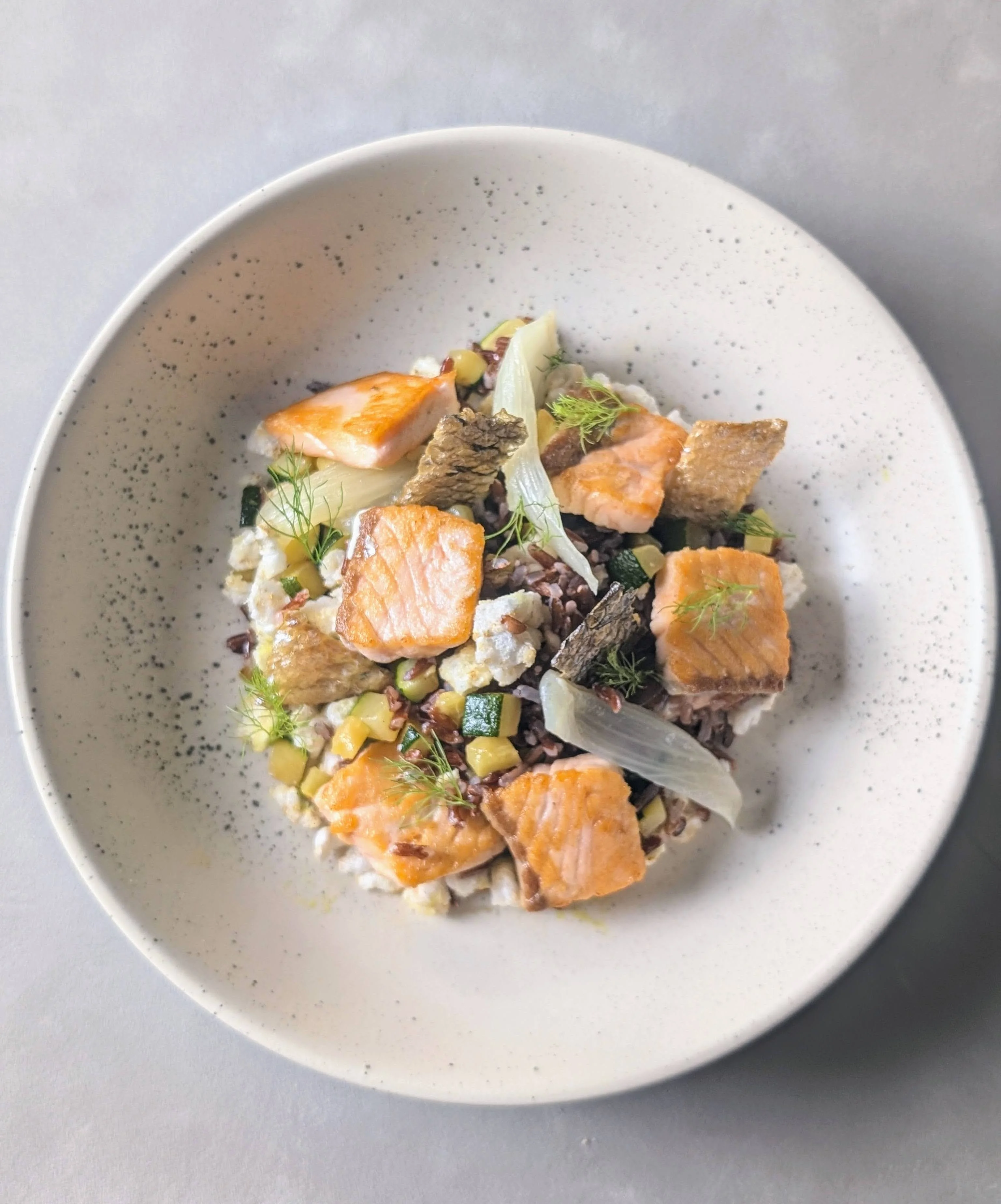 Assiette de ration ménagère pour chien au saumon, riz et légumes, vue de dessus