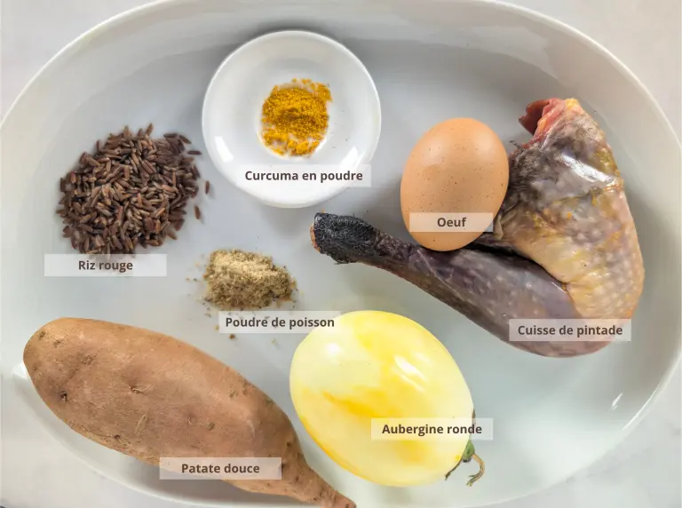 Présentation des ingrédients de la recette de ration ménagère à la pintade