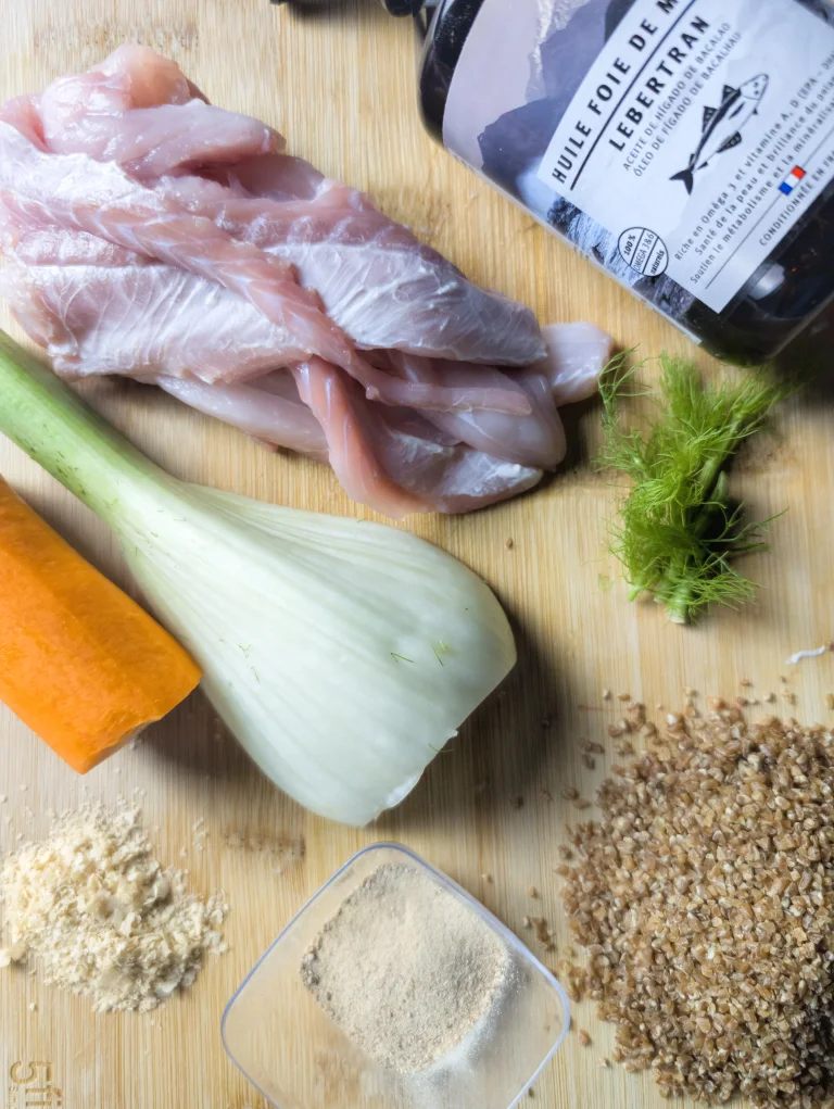 Présentation des ingrédients de la recette de ration ménagère au poisson